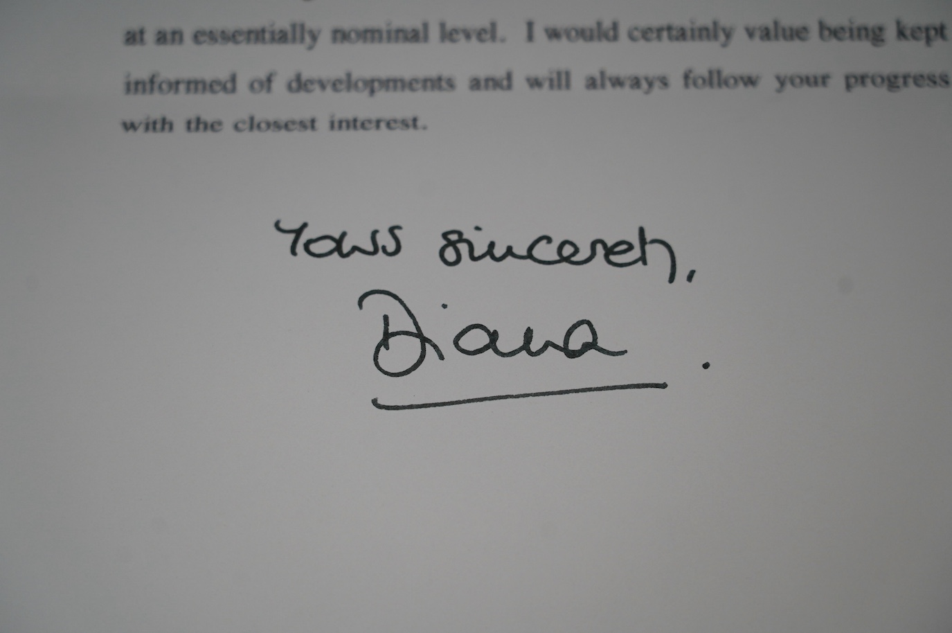 Diana, Princess of Wales, a printed letter with original envelope hand signed ‘Yours Sincerely Diana’, with personalised name of the recipient (the vendor) also in Diana‘s hand, on Kensington Palace headed notepaper and